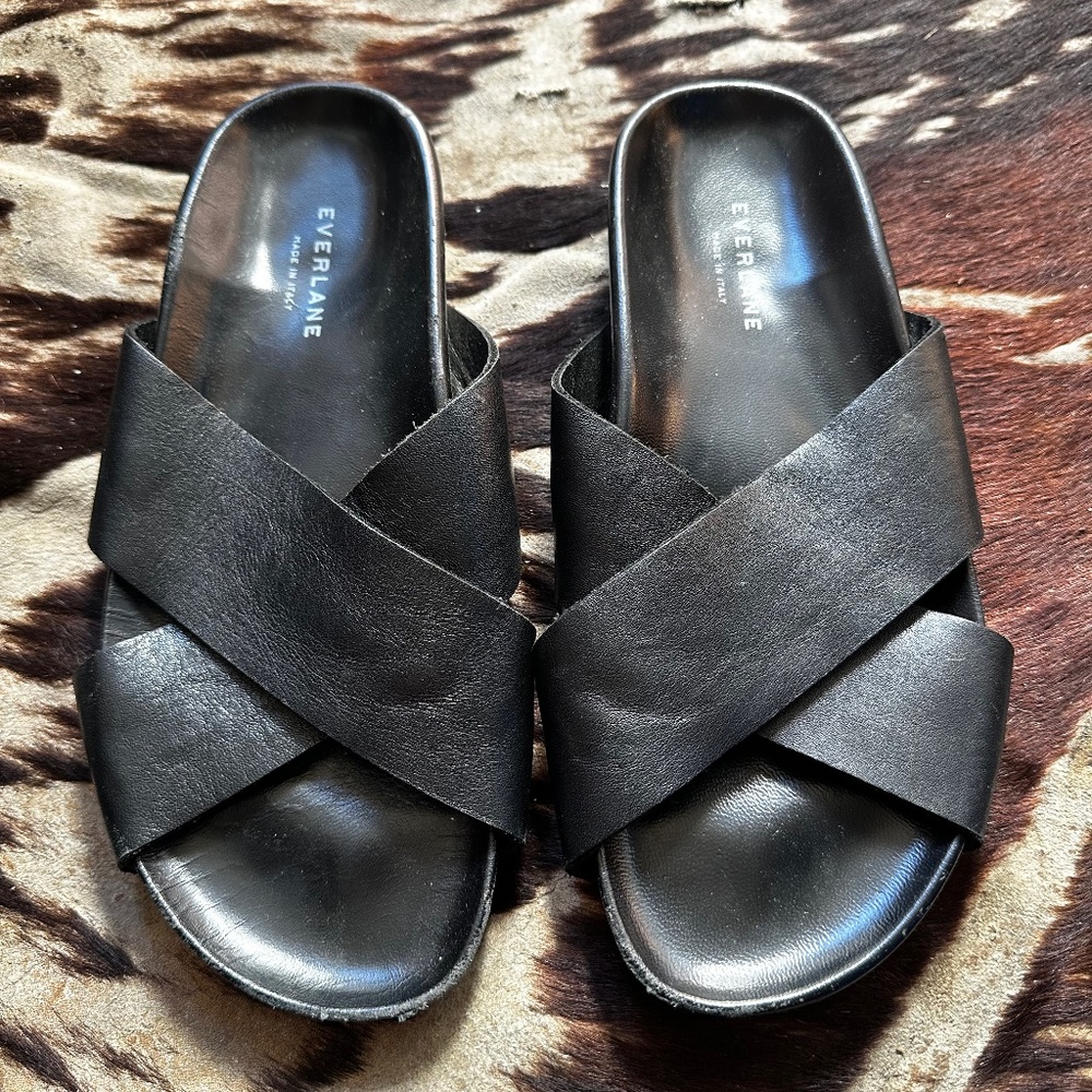 Everlane Women Crisscross Leather Black Slide Flats Sandals Shoes Sz 9